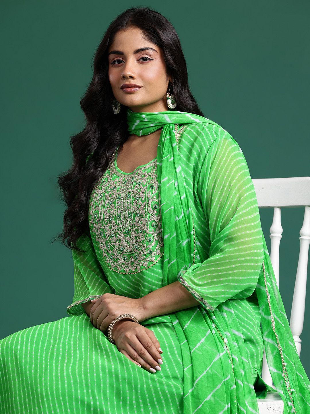 Indyancart Women's Leheriya Printed Mirror Work Kurta with Palazzos & Dupatta