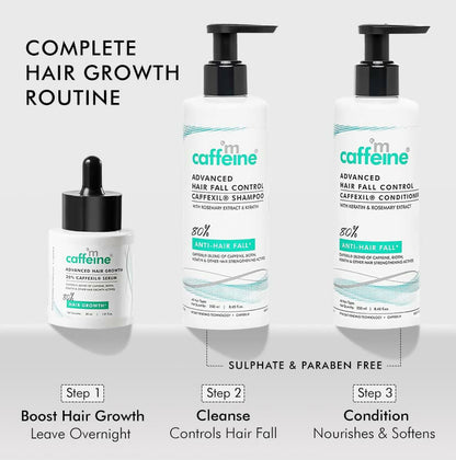 mCaffeine Advanced Hair Growth Serum with 20% Caffexil and rosemary, featuring a dropper applicator for nourishing hair treatment.