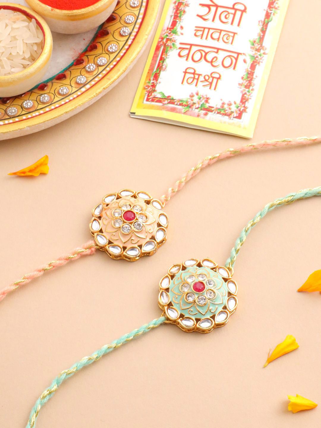 Anouk Men Set Of 2 Peach & Green Kundan Studded Round Floral Design Rakhi With Roli Chawal