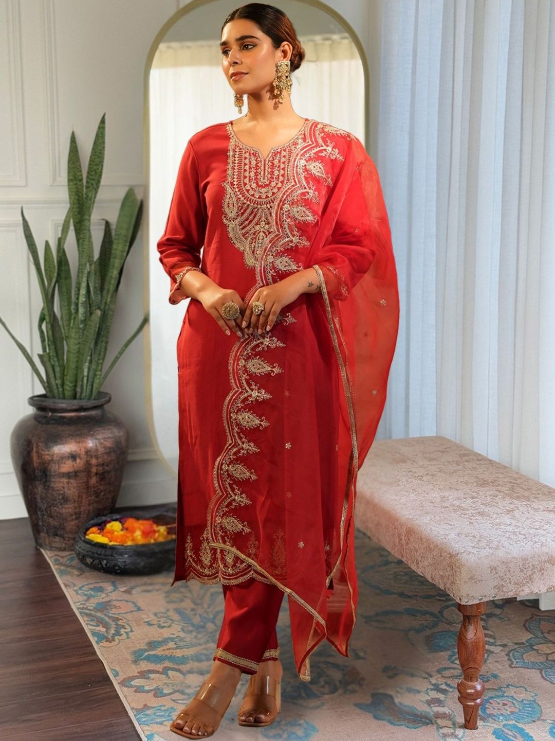 Women Ethnic Motifs Embroidered Regular Thread Work Liva Kurta with Trousers & With Dupatta