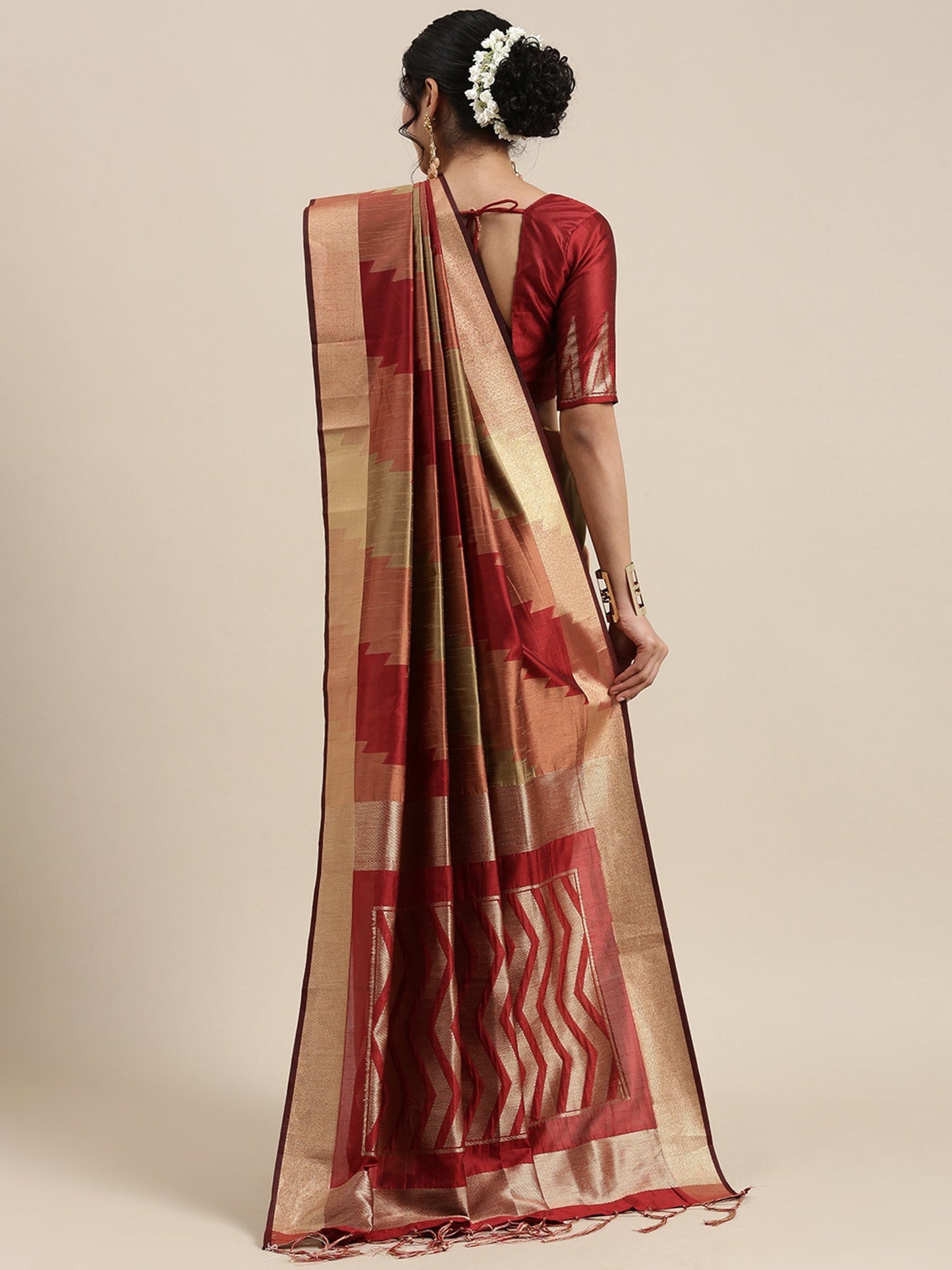 Women's Cotton Silk Rust Woven Design Handloom Saree With Blouse Piece