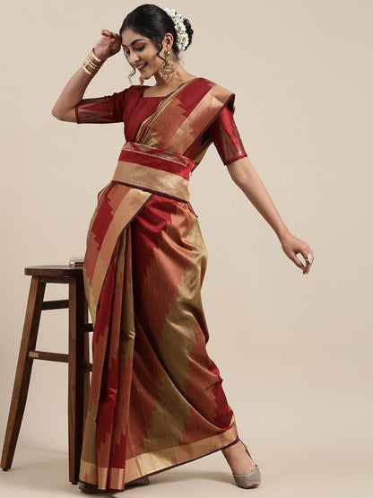 Women's Cotton Silk Rust Woven Design Handloom Saree With Blouse Piece