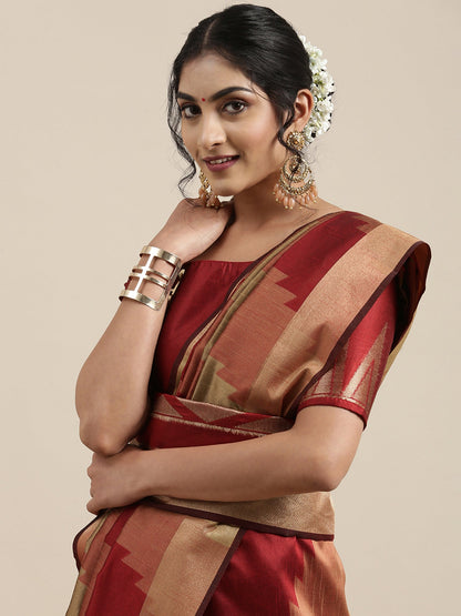 Women's Cotton Silk Rust Woven Design Handloom Saree With Blouse Piece