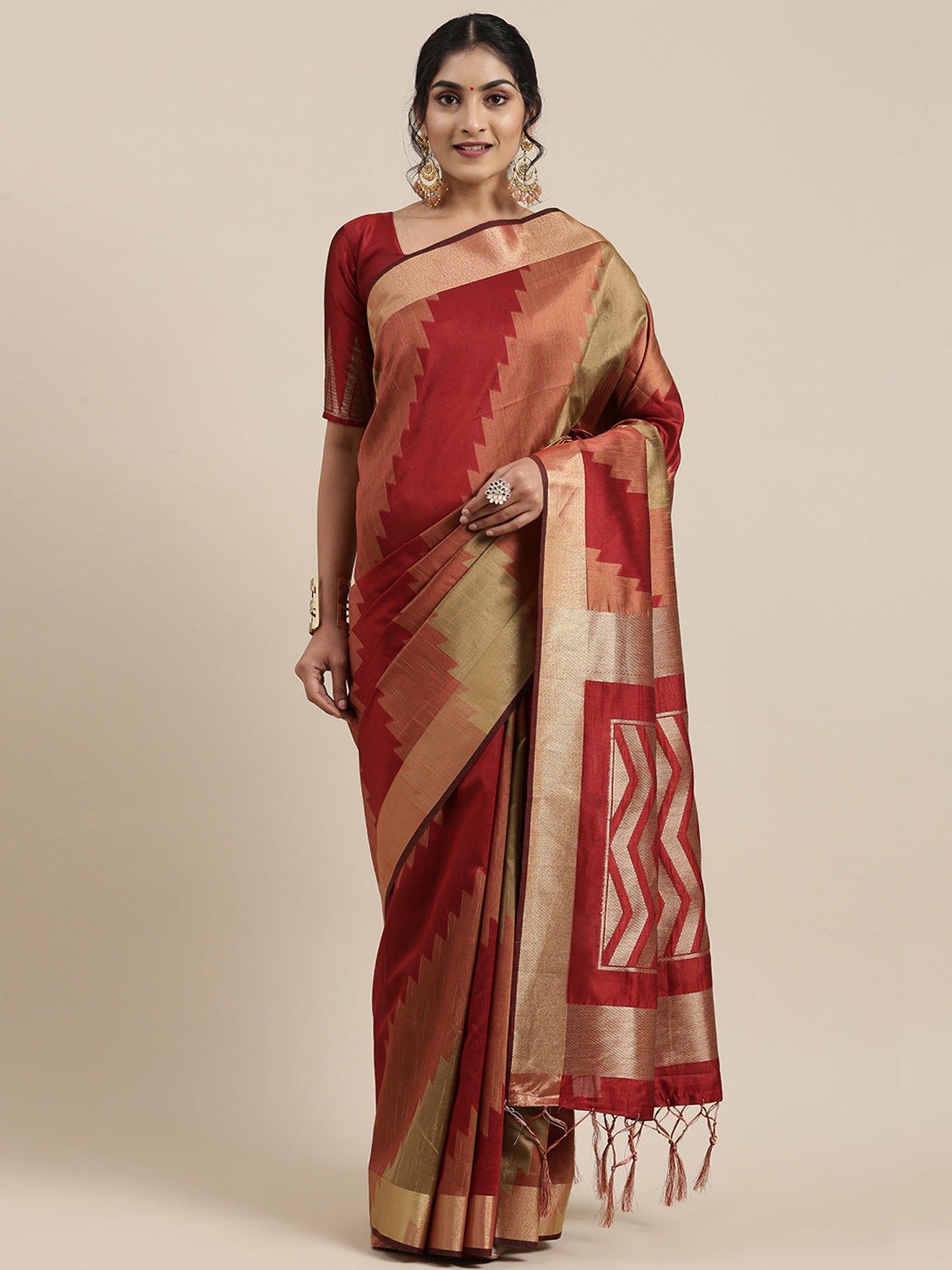 Women's Cotton Silk Rust Woven Design Handloom Saree With Blouse Piece