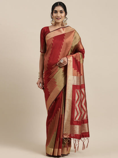 Women's Cotton Silk Rust Woven Design Handloom Saree With Blouse Piece