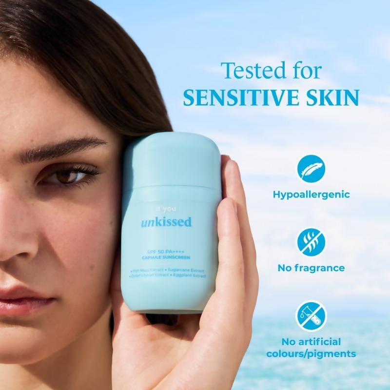d'you Unkissed Serum Sunscreen SPF 50 PA++++ bottle with pump dispenser, lightweight and hydrating skincare product.