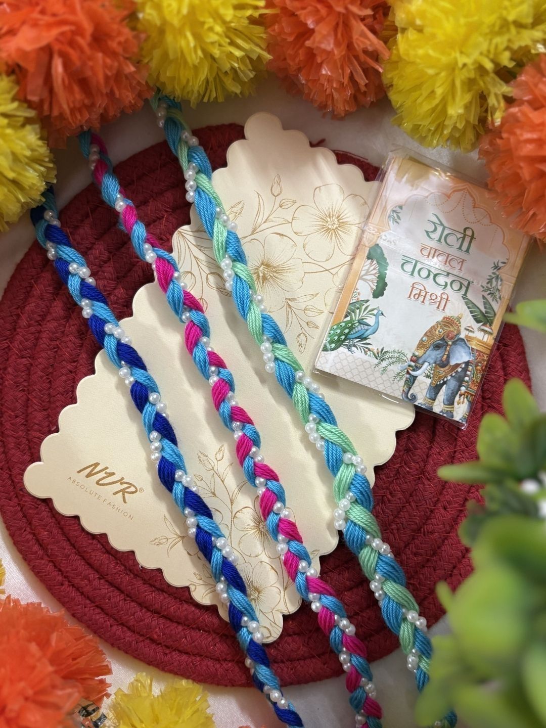 Anouk Set Of 3 Multicolor Thread Rakhi With Roli Chawal Chandan Mishri