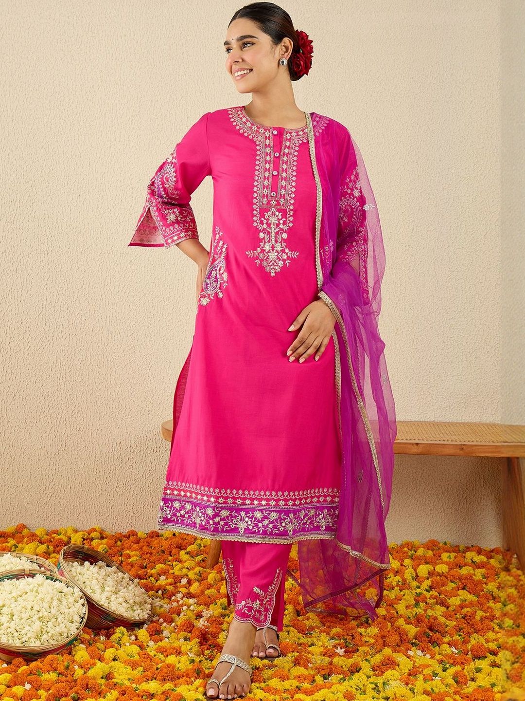 Floral Embroidered Thread Work Kurta With Trousers & Dupatta