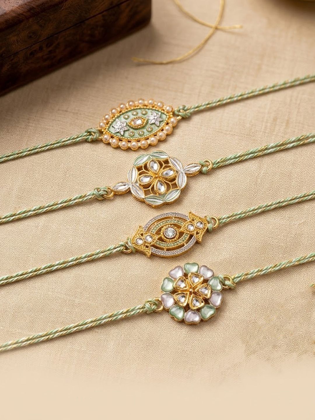 Anouk Set Of 4 White Artificial Stones & Green Thread Rakhi