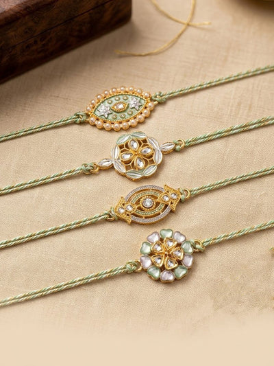 Indyancart Set Of 4 White Artificial Stones & Green Thread Rakhi