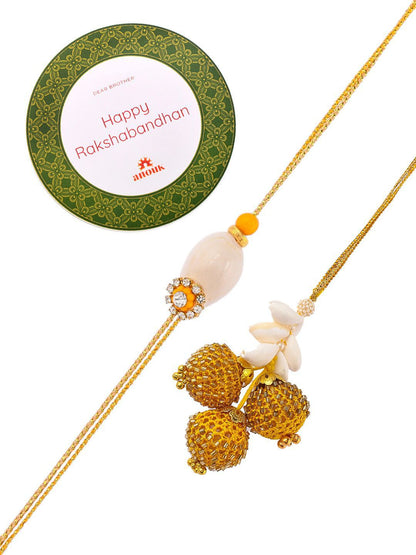 Anouk Gold Toned Beaded Bhaiya Bhabhi Thread Rakhis With Roli, Chawal & Greeting Card