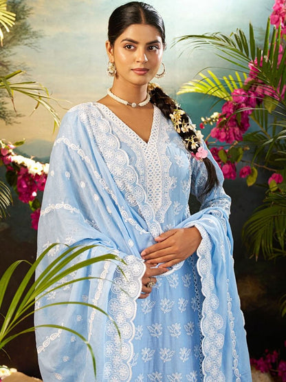 Women Ethnic Motifs Embroidered Regular Chikankari Pure Cotton Kurta with Palazzos & With Dupatta