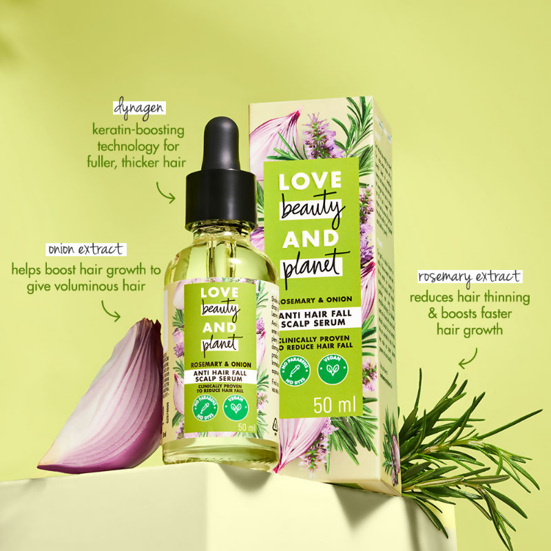 Love Beauty And Planet Onion & Rosemary Anti Hairfall Scalp Serum bottle with dropper applicator for hair fall prevention.