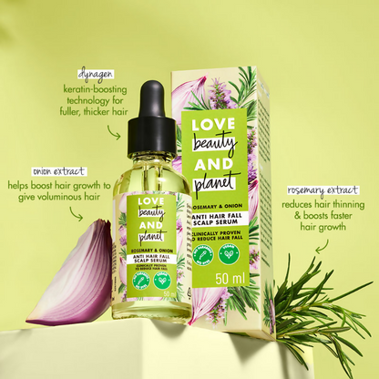 Love Beauty And Planet Onion & Rosemary Anti Hairfall Scalp Serum bottle with dropper applicator for hair fall prevention.