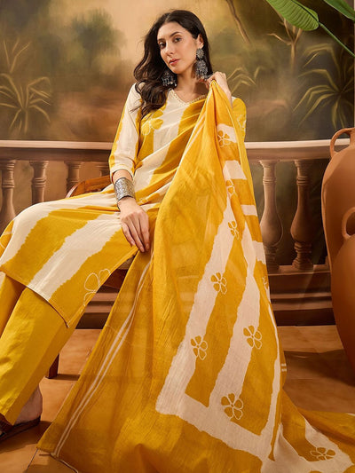 Indyancart SN Women's Striped Pure Cotton Straight Kurta & Trousers With Printed Dupatta