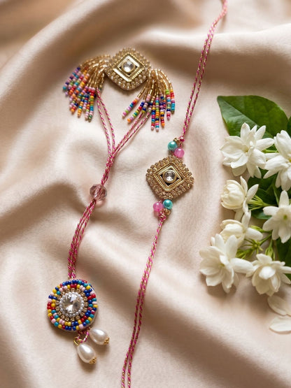 Anouk Set Of 2 White Artificial Stones Golden Toned Bhaiya Bhabhi Rakhi With Roli Chawal