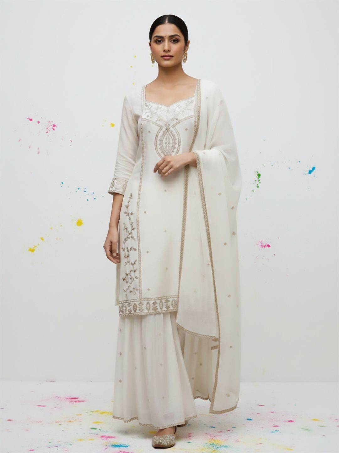 Indyancart VA Women Ethnic Motifs Embroidered Regular Thread Work Kurta with Sharara & With Dupatta
