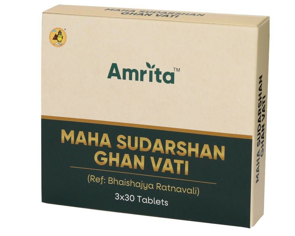 Amrita Maha Sudarshan Ghan Vati Ayurvedic tablets in a glass container with packaging, showcasing traditional herbal medicine.