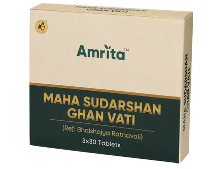 Amrita Maha Sudarshan Ghan Vati Ayurvedic tablets in a glass container with packaging, showcasing traditional herbal medicine.