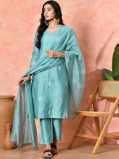 Indyancart SN Women's Solid Embroidered Kurta with Trousers & Dupatta