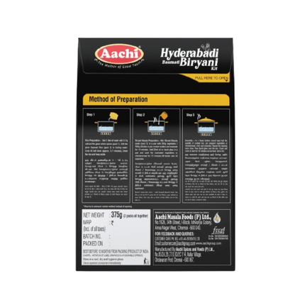 Aachi Hyderabadi Basmati Biryani Kit ready-to-cook pack with spices and rice for flavorful biryani preparation.
