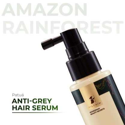 Pilgrim Patuá 3% MelanoGray anti-grey hair serum bottle, designed to reduce grey hair and promote natural hair color.