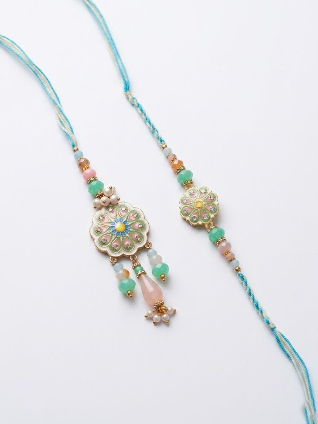 Anouk Set Of 2 Round Artificial Beads Traditional Bhaiya Bhabhi Rakhi With Roli Chawal