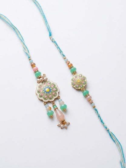 Anouk Set Of 2 Round Artificial Beads Traditional Bhaiya Bhabhi Rakhi With Roli Chawal