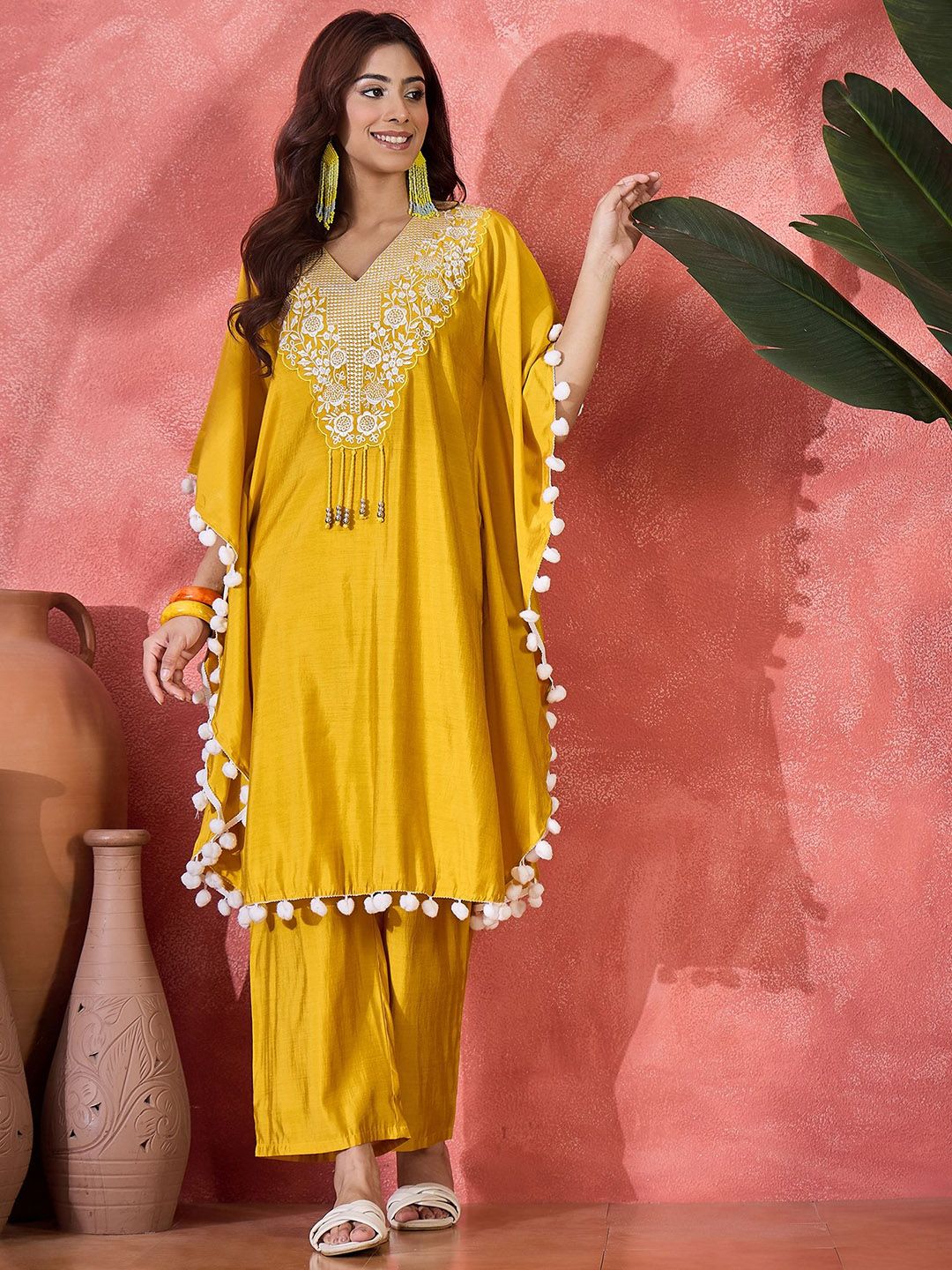 Indyancart SN Women's Embroidered V-Neck Mirror Work Kaftan With Trousers