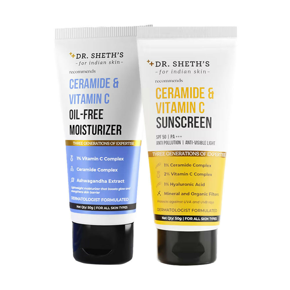 Dr. Sheth's Glow & Protect Duo featuring two sunscreens in sleek bottles, designed to enhance skin glow and offer sun protection.