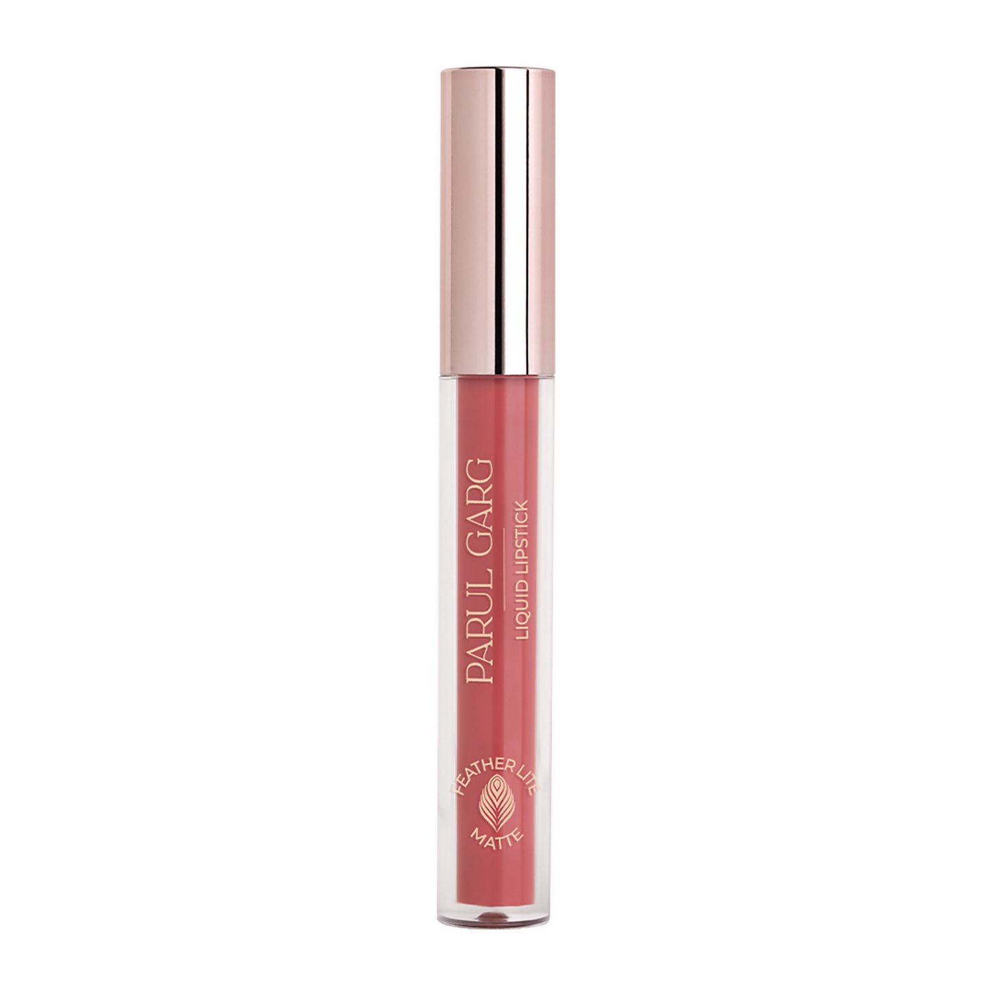 Parul Garg Beauty Featherlite Matte Liquid Lipstick in Passion 44, showing a sleek tube and the vibrant lipstick shade.