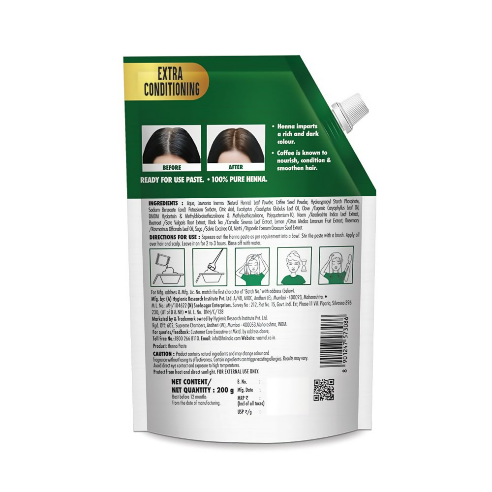 Vasmol Natural Henna Paste ready to use for hair coloring, with a smooth, greenish paste texture in a container.