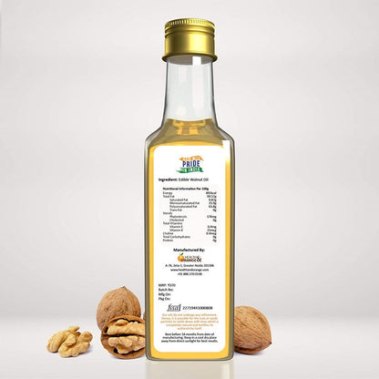 H&O 100% pure cold pressed walnut oil in a glass bottle, highlighting its rich color and clear labeling for cooking and food use.