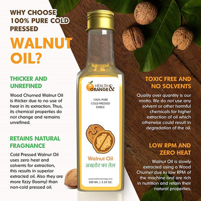 Bottle of H&O 100% pure cold pressed walnut oil, natural cooking oil for food and groceries, displayed in a clear glass bottle.