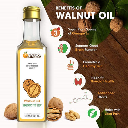 H&O 100% pure cold pressed walnut oil in a glass bottle, natural golden color, used for cooking and food preparation.