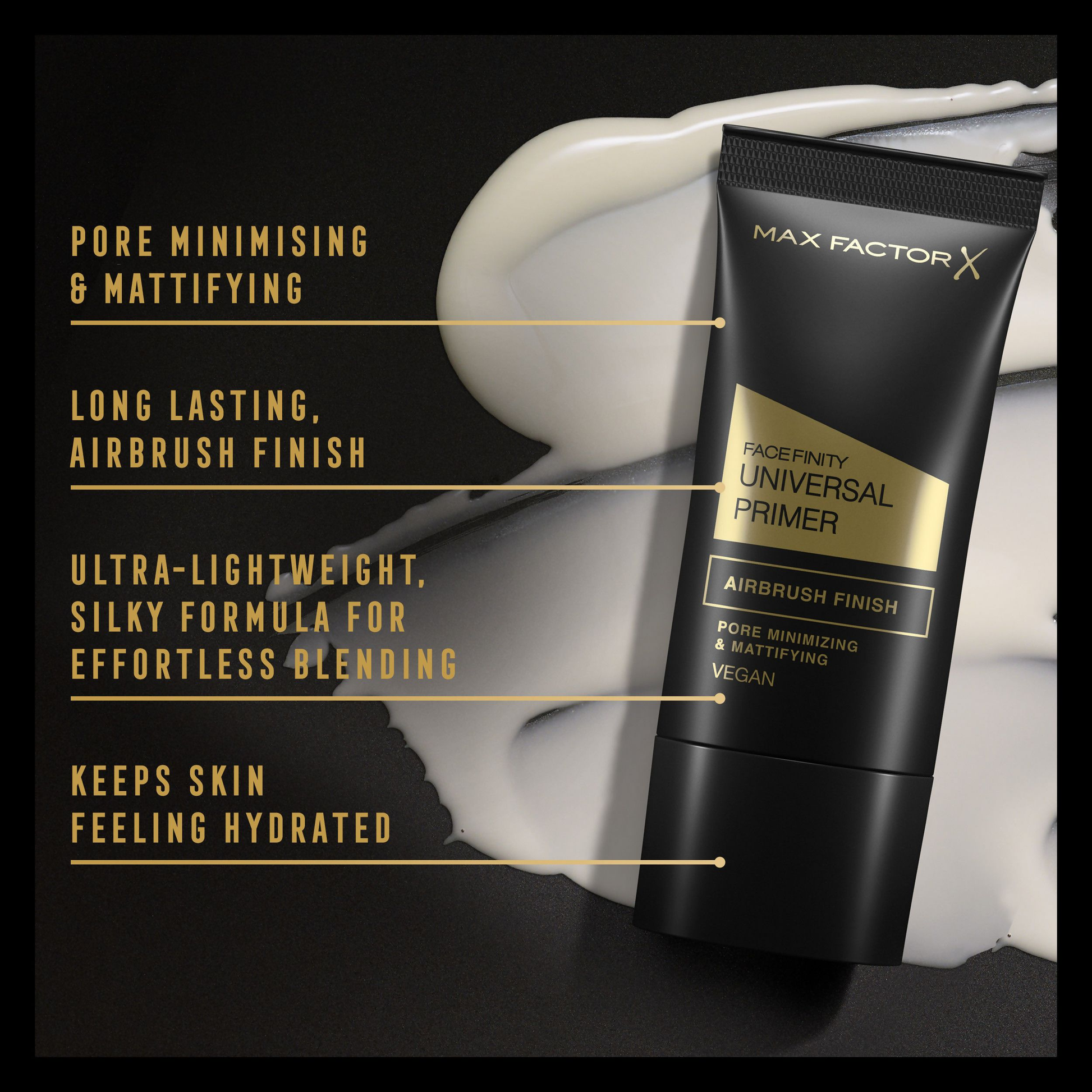 Max Factor Face Finity Universal Primer, a skin-smoothing face primer in a sleek tube with a pump dispenser.