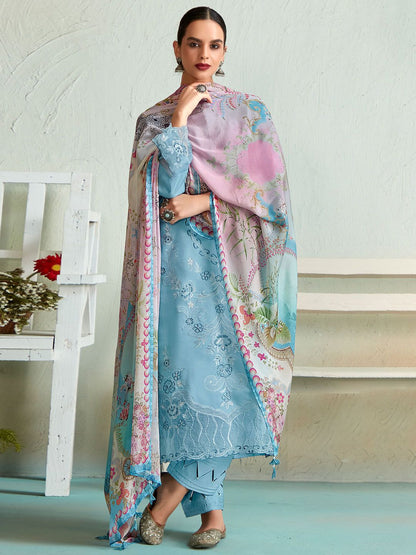 Indyancart IE Women Floral Embroidered Regular Thread Work Kurta with Trousers & Dupatta
