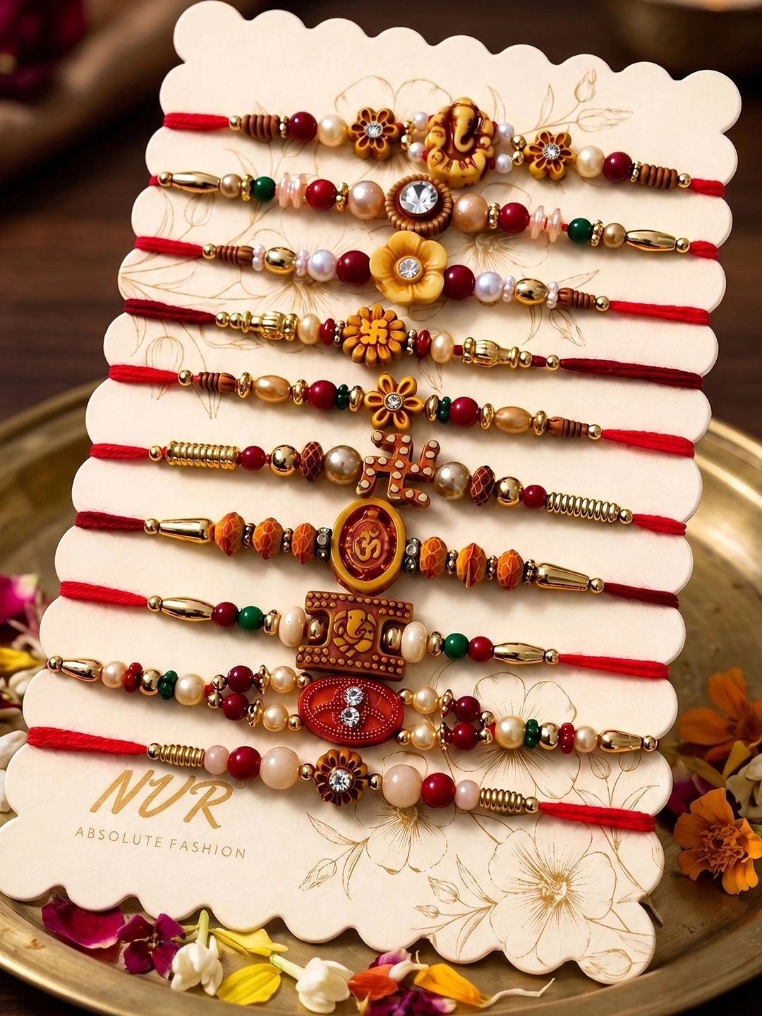 Anouk Set Of 10 Artificial Stones & Beads Thread Rakhi With Roli Chawal Chandan Mishri