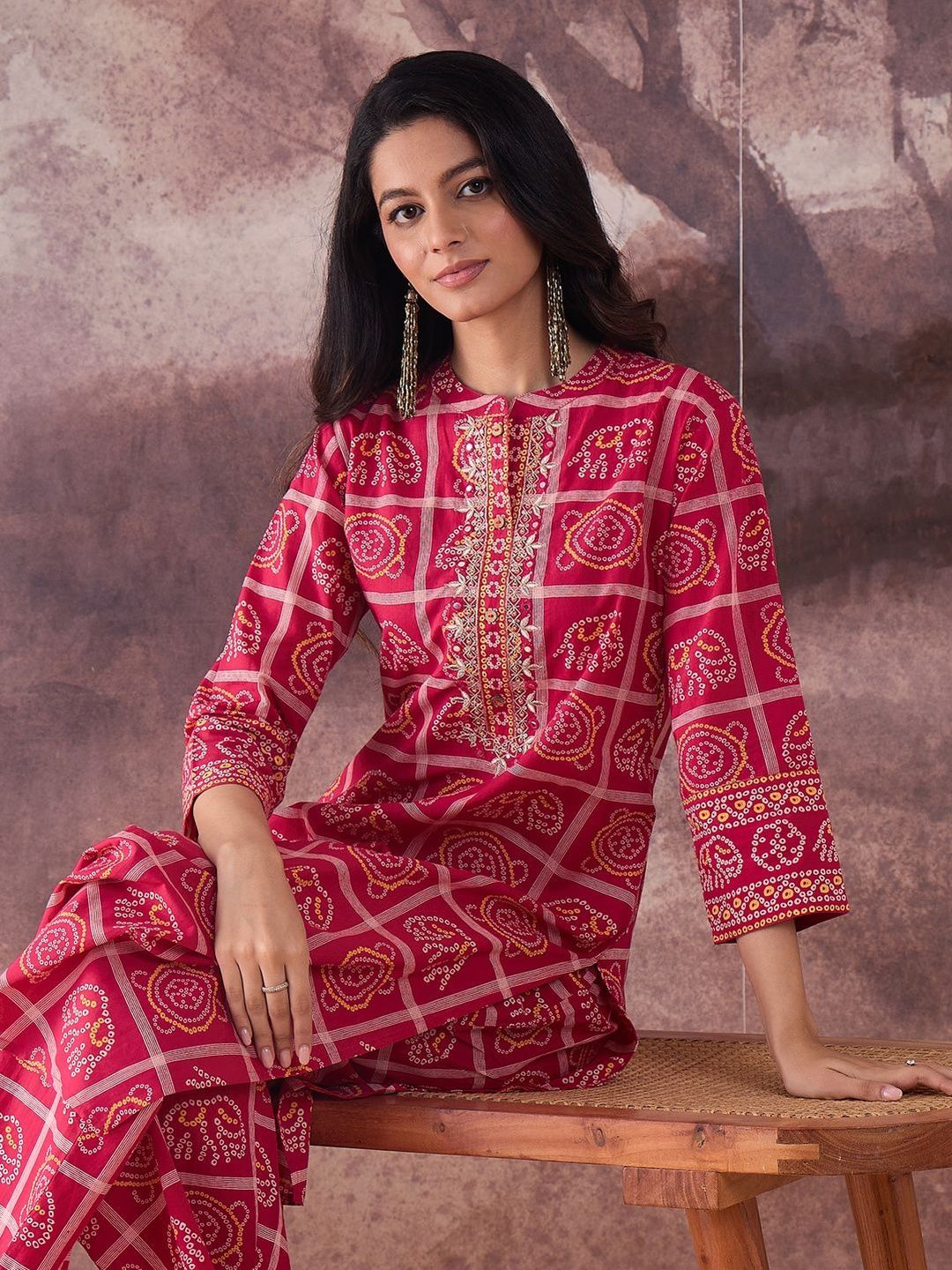 Ethnic Motifs Printed Mirror Work Pure Cotton Kurta With Trousers