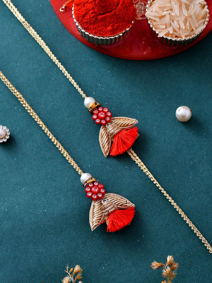 Anouk Red Set of 2 Scarlet Floral Studded Zari Work Rakhi With Roli Chawal & Greeting Card