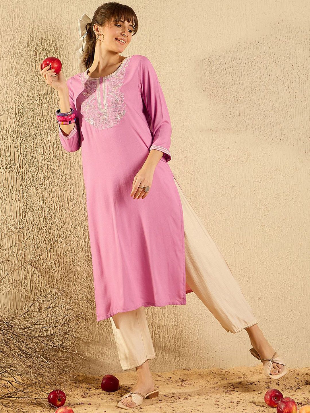 Indyancart IE Women Ethnic Motifs Flared Sleeves Mirror Work Pastels Kurta