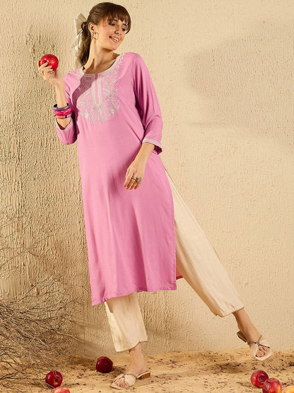 Indyancart IE Women Ethnic Motifs Flared Sleeves Mirror Work Pastels Kurta