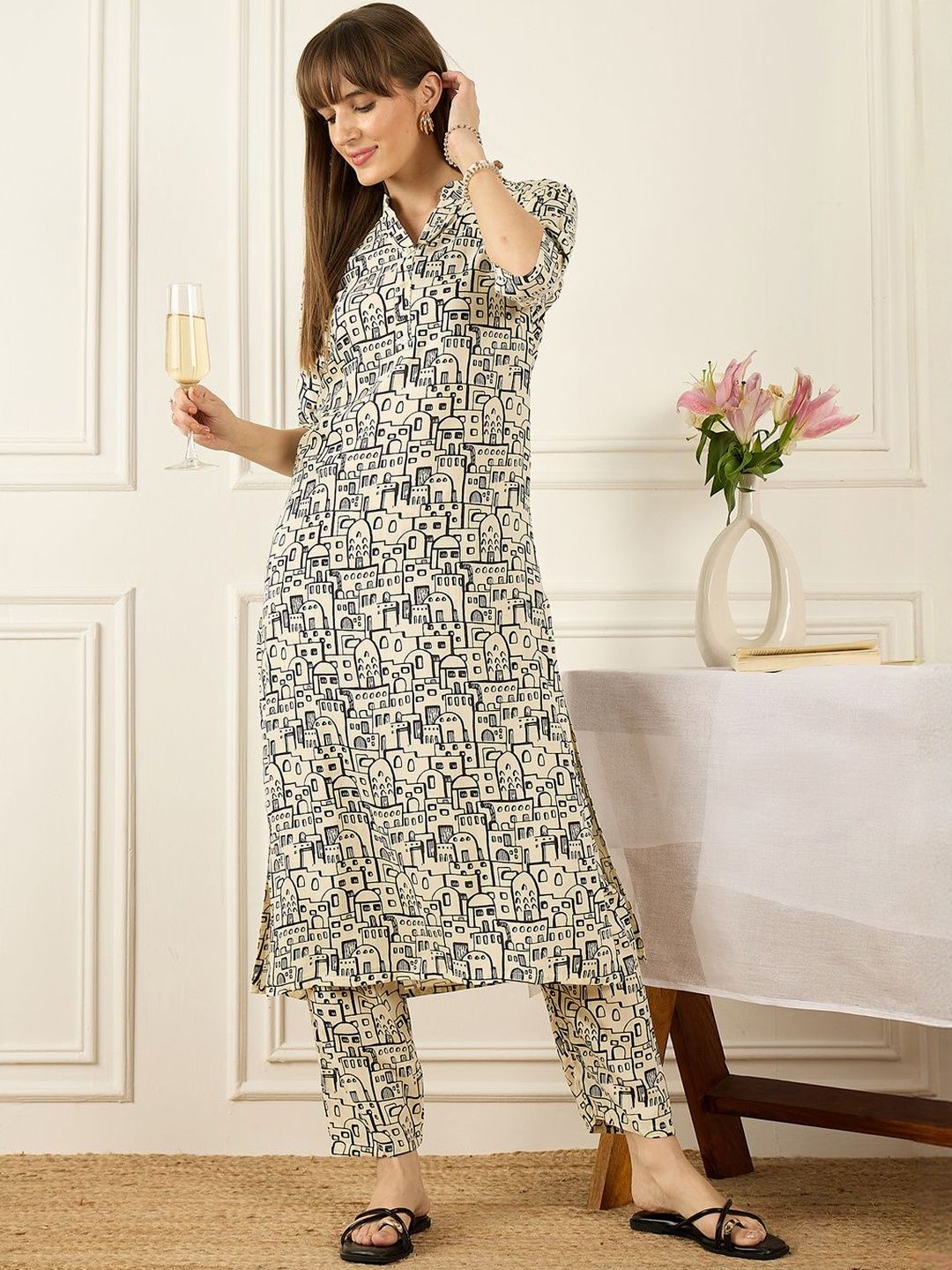 Floral Printed Thread Work Pure Cotton Kurta With Palazzos