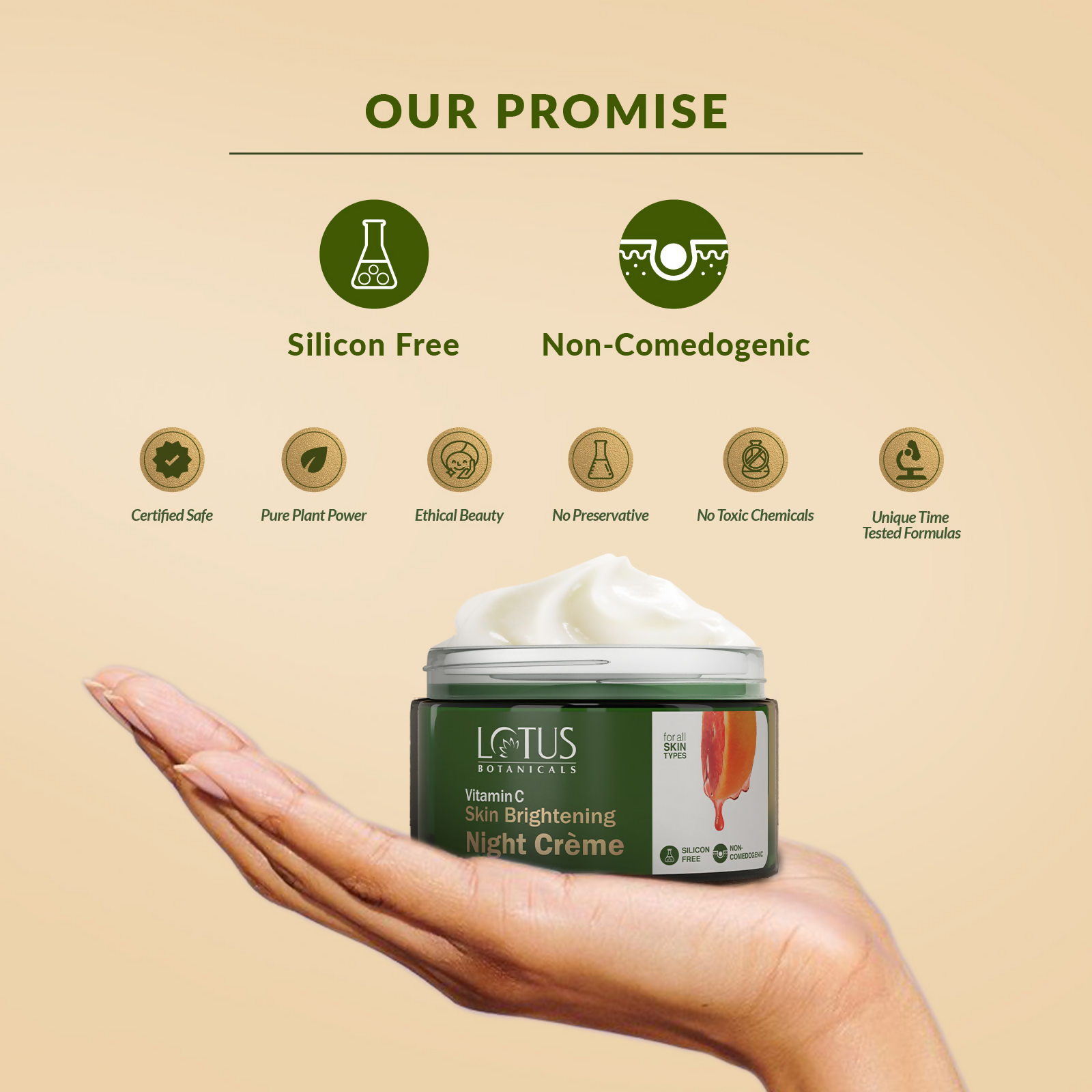 Lotus Botanicals Skin Brightening Night Cream jar with white lid and pink label, showcasing the product for night skincare.