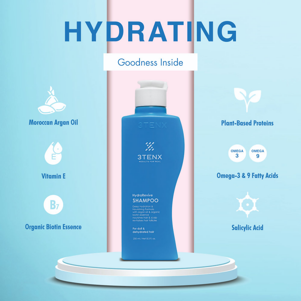3TENX Hydrarevive Shampoo for dull and dehydrated hair, showing a bottle of hydrating shampoo with a clean, modern design.