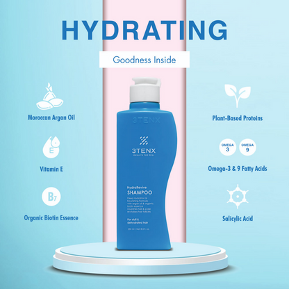 3TENX Hydrarevive Shampoo for dull and dehydrated hair, showing a bottle of hydrating shampoo with a clean, modern design.