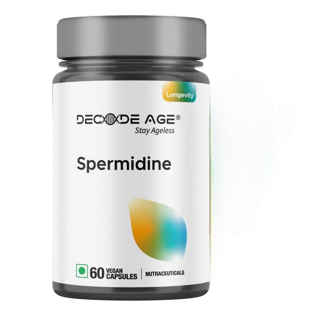 Decode Age Spermidine Trihydrochloride Ayurvedic capsules in a white bottle with a clear label, displayed on a neutral background.