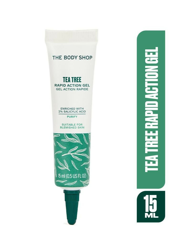 The Body Shop Tea Tree Rapid Action Gel face gel with tea tree extract in a clear tube, designed for blemish treatment.