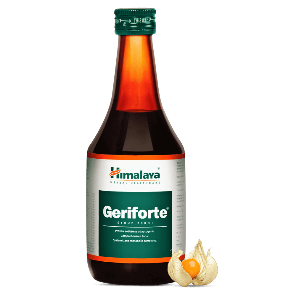 Himalaya Herbals Geriforte Syrup in a 200 ml bottle, an Ayurvedic herbal wellness syrup from Himalaya Herbals.