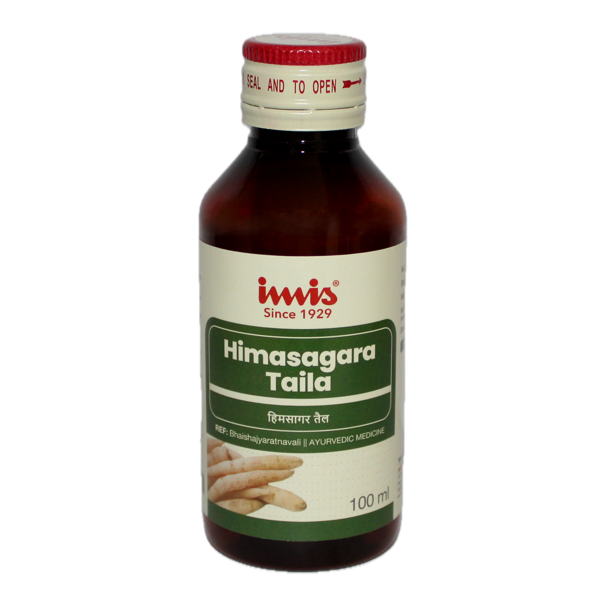 Bottle of IMIS Ayurveda Himasagara Taila Ayurvedic syrup with label and cap, 100 ml size.